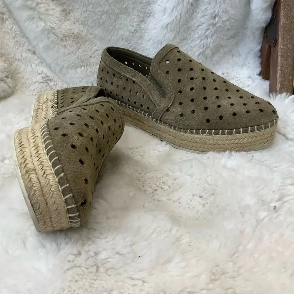 Steve Madden Widmer olive green leather suede perforated platform espadrilles 7B
